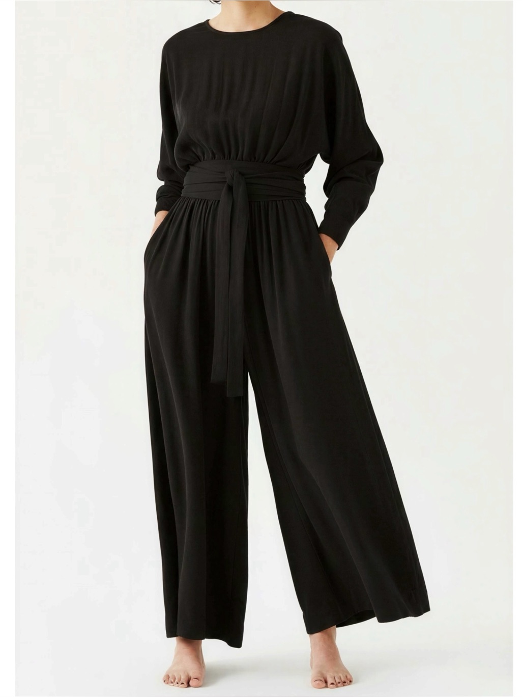 Black Crane Wool-Blend Wide Leg Belted Relaxed Fit Jumpsuit, Black, Medium
